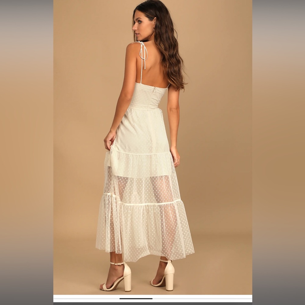 New Lulu’s Romantic Spot Cream Polka Dot Mesh Tiered Midi Dress - Picture 2 of 6